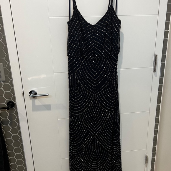 Adrianna Papell Art Deco Beaded Blouson Navy Full Length Formal Gown - Picture 8 of 14